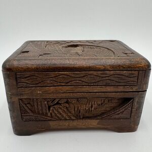 Vintage Hand Carved Wooden Trinket Box Folk Art Scenic‎ Relief Footed Hinged